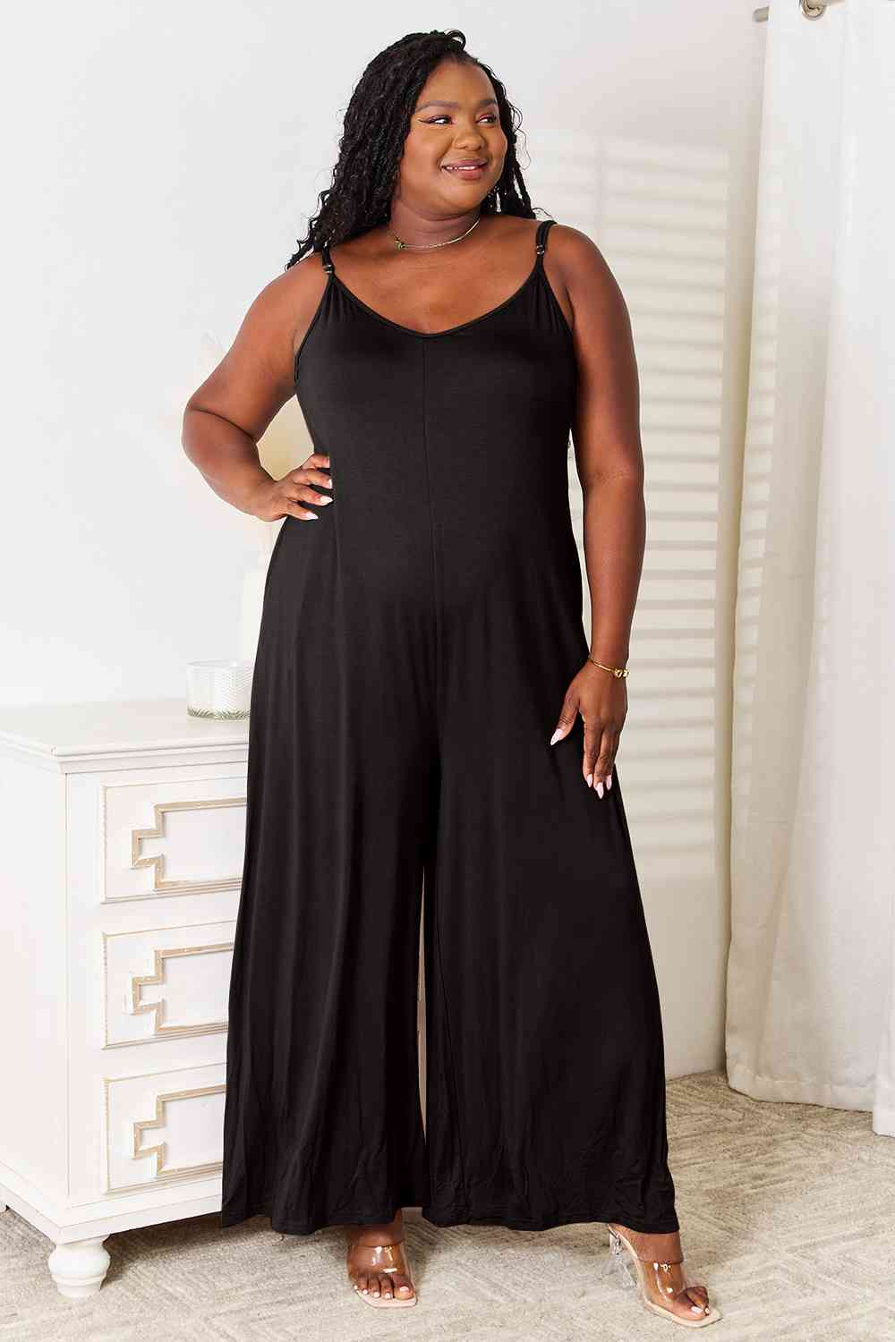 Double Take Full Size Soft Rayon Spaghetti Strap Tied Wide Leg Jumpsuit [Spirit and Rebel]   