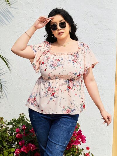 Plus Size Frill Printed Flutter Sleeve Blouse [Spirit and Rebel] Peach 1XL 