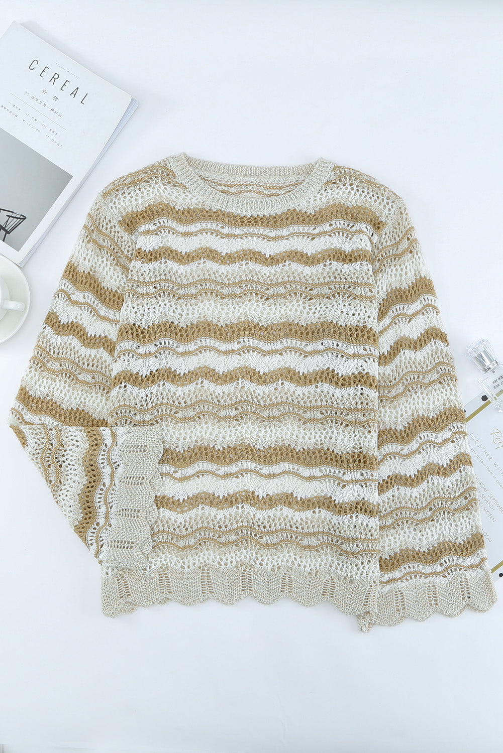 Wavy Stripe Scalloped Hem Openwork Boho Knit Top [Spirit and Rebel]   