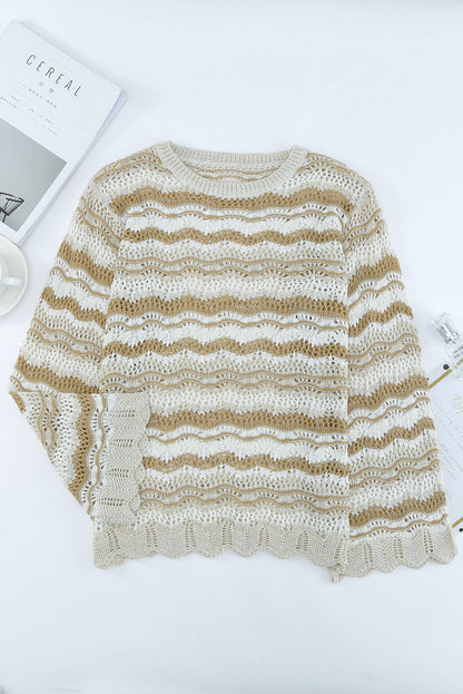 Wavy Stripe Scalloped Hem Openwork Boho Knit Top [Spirit and Rebel]   