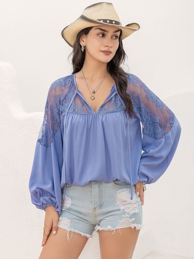 Lace Detail Tie Neck Balloon Sleeve Blouse [Spirit and Rebel] Dusty  Blue S 