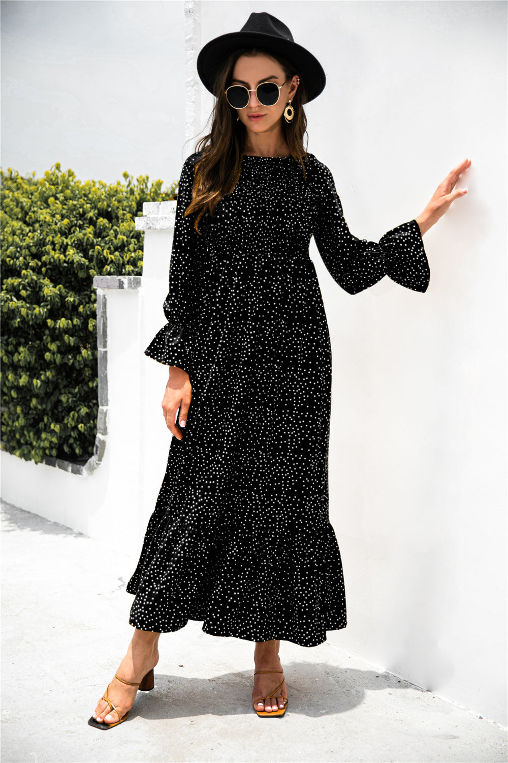 Printed Puff Sleeve Ruffle Boho Maxi Dress [Spirit and Rebel] Black S 