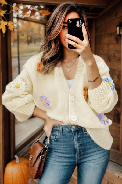 Boho Chic  Flower Button Up Long Sleeve Cardigan [Spirit and Rebel]   