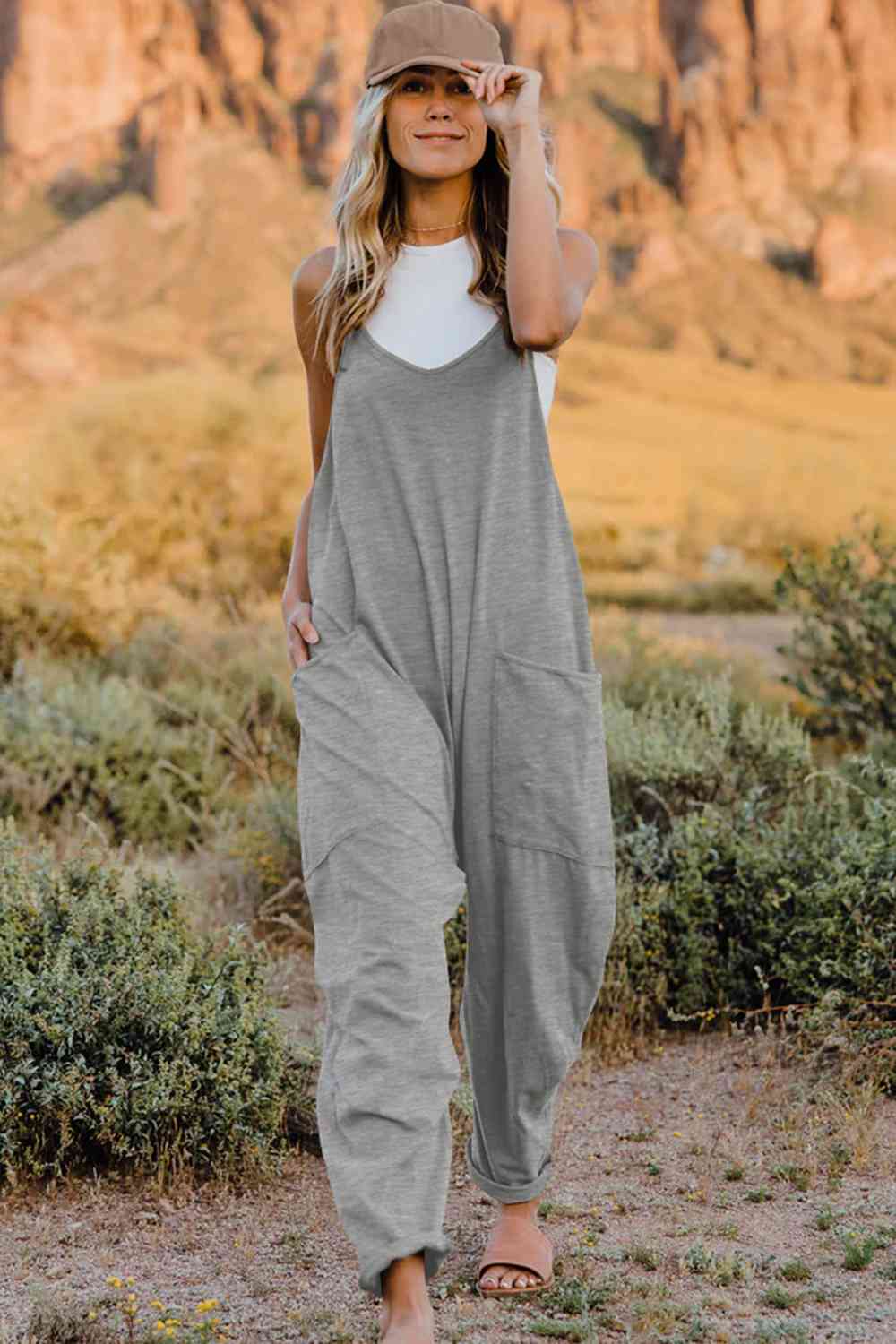 Double Take  V-Neck Sleeveless Jumpsuit with Pocket [Spirit and Rebel] Light Gray S 