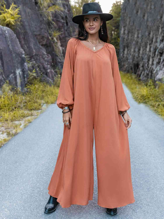 V-Neck Long Sleeve Wide Leg Jumpsuit [Spirit and Rebel] Pumpkin S 