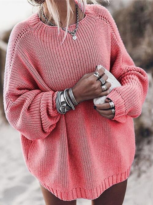 Round Neck Drop Shoulder Sweater [Spirit and Rebel] Coral S 