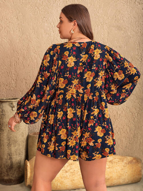 Plus Size Floral Tie Neck Balloon Sleeve Romper [Spirit and Rebel]   