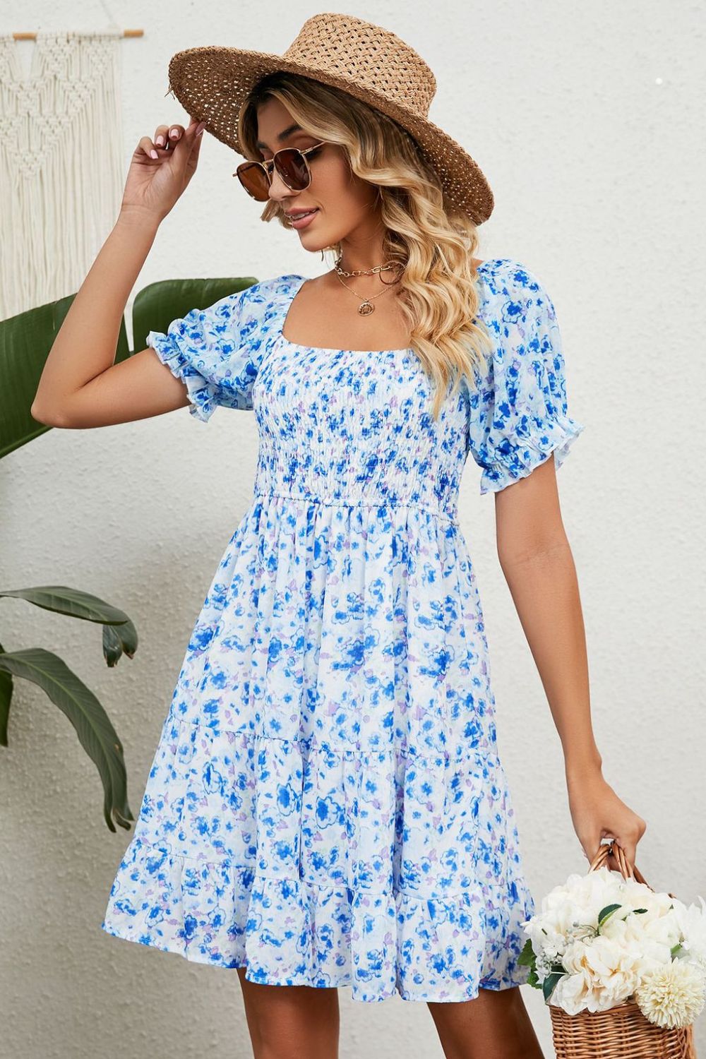 Printed Flounce Sleeve Smocked Boho Dress [Spirit and Rebel]   