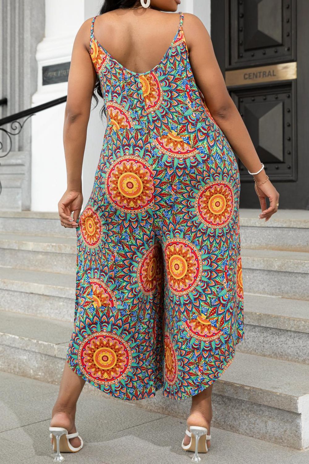 Plus Size Printed Spaghetti Strap Wide Leg Boho Jumpsuit Playsuit [Spirit and Rebel]   