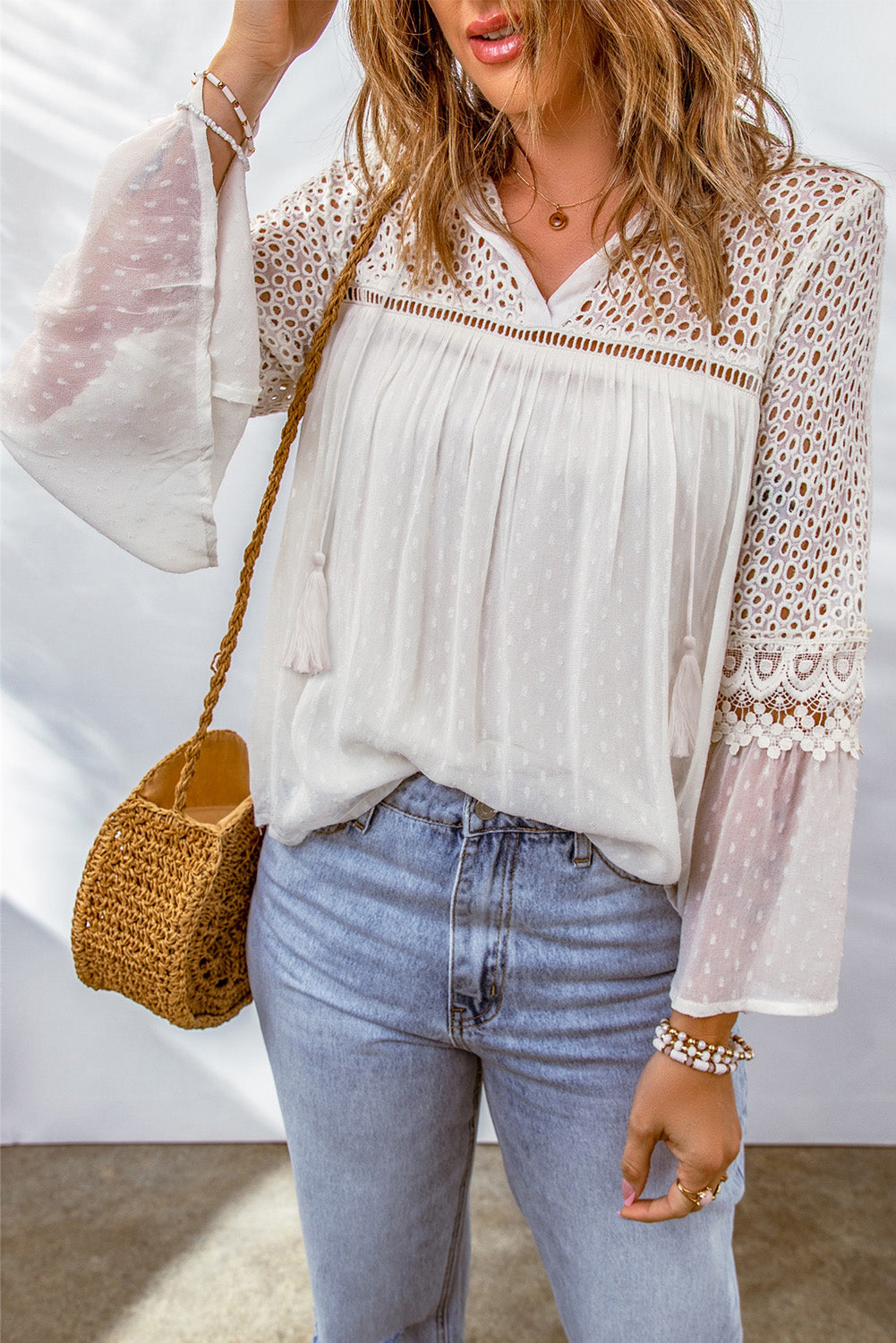 Eyelet Tassel Tie Flare Sleeve Boho Blouse [Spirit and Rebel] White S 