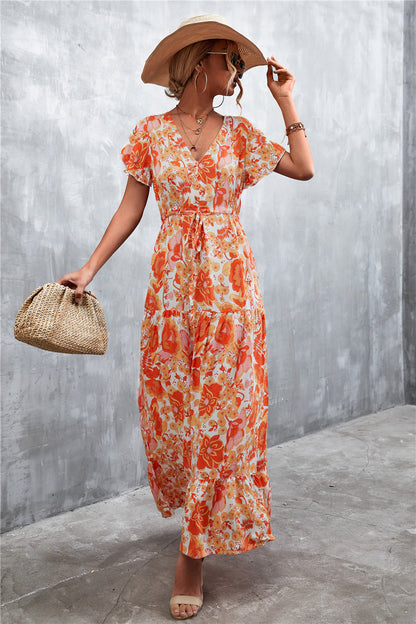 Floral Buttoned Drawstring Waist Tiered Boho Dress [Spirit and Rebel] Safety Orange/Yellow S 