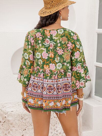 Boho Plus Size Printed Tie Neck Peplum Blouse [Spirit and Rebel]   