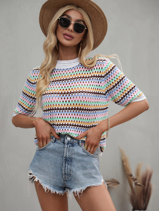 Bohemian Striped Openwork Half Sleeve Knit Top [Spirit and Rebel] White S 