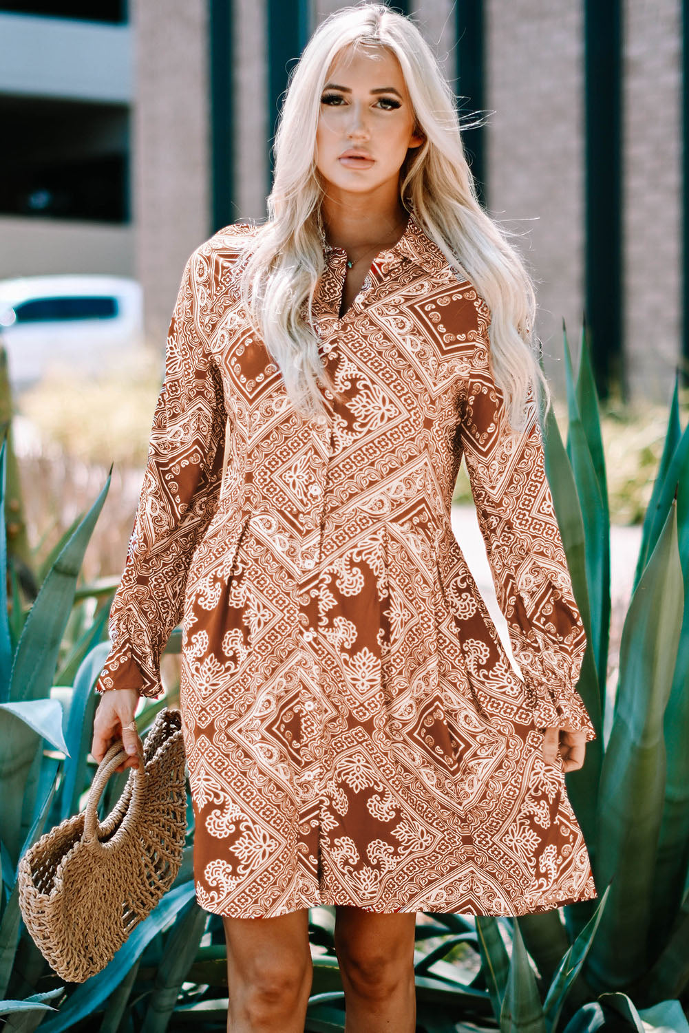 Boho Free Spirit Hippie Printed Flounce Sleeve Shirt Dress [Spirit and Rebel] Brown S 