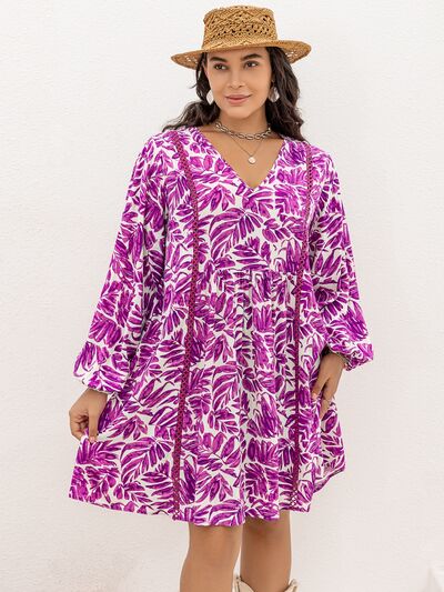 Boho Plus Size Printed V-Neck Balloon Sleeve Mini Dress [Spirit and Rebel]   