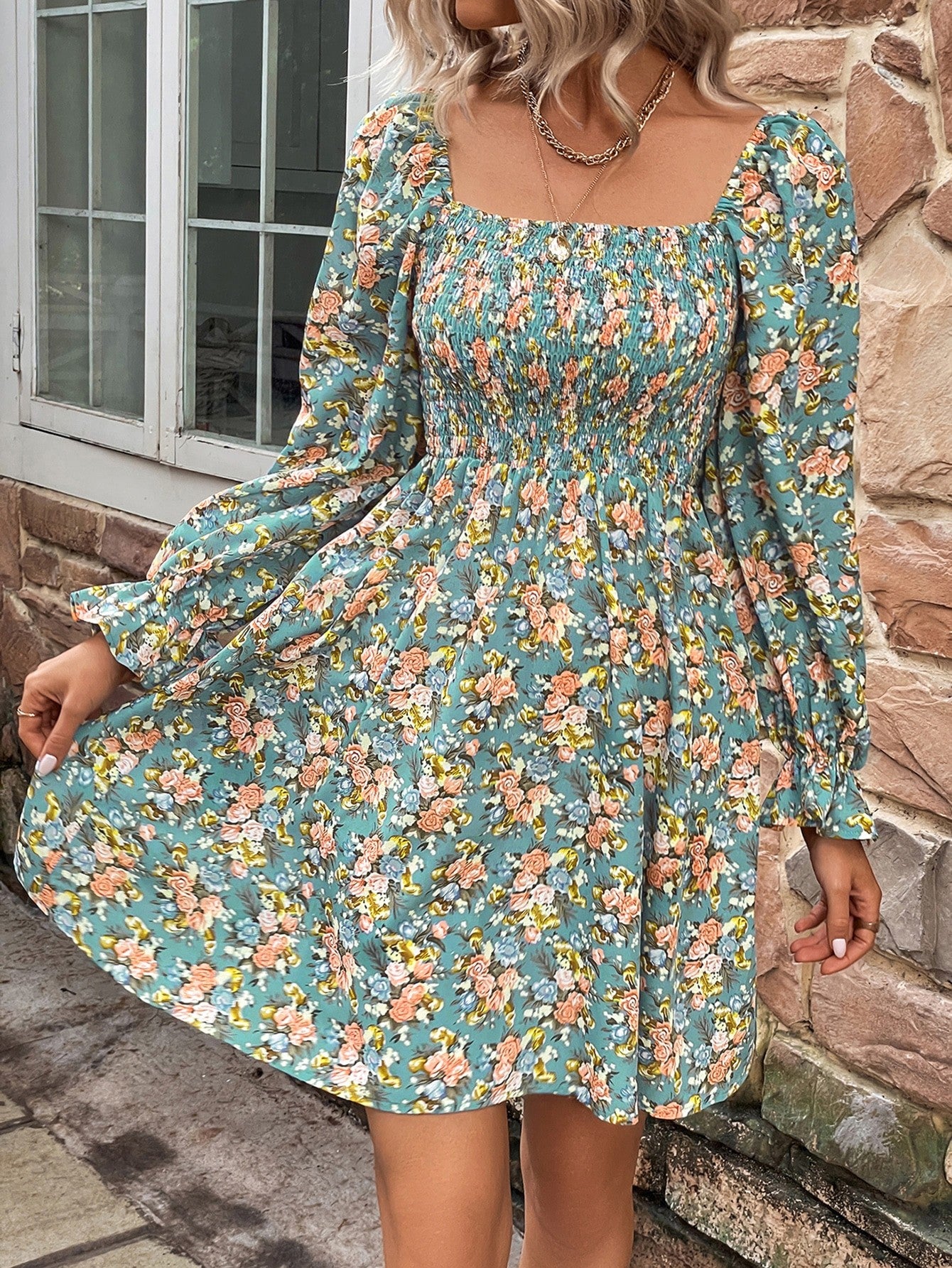 Boho Style Floral Smocked Flounce Sleeve Square Neck Dress [Spirit and Rebel]   