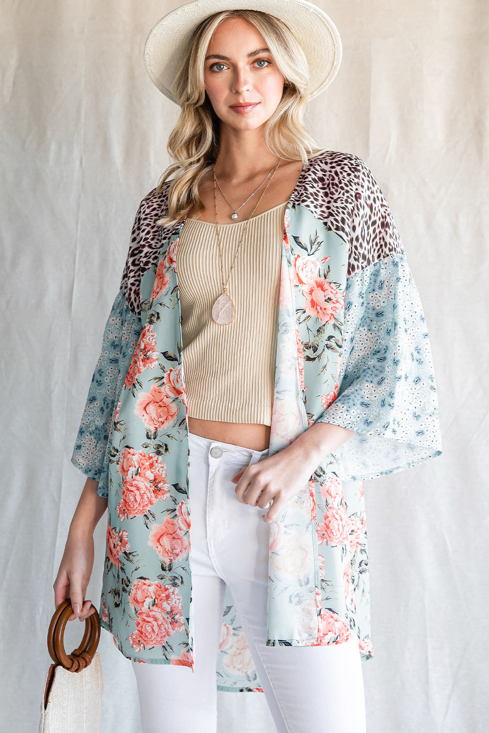 Animal Print Floral Three-Quarter Sleeve Boho Cardigan [Spirit and Rebel]   