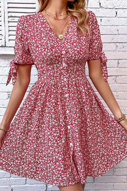 Ditsy Floral Tied Puff Sleeve Button Front Boho Dress [Spirit and Rebel]   