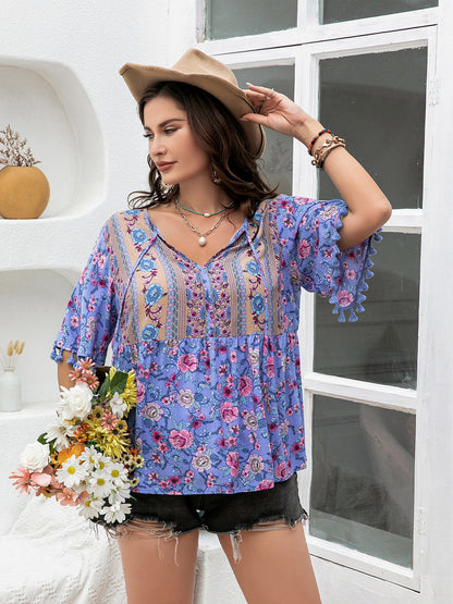 Plus Size Printed V-Neck Half Sleeve Blouse [Spirit and Rebel]   