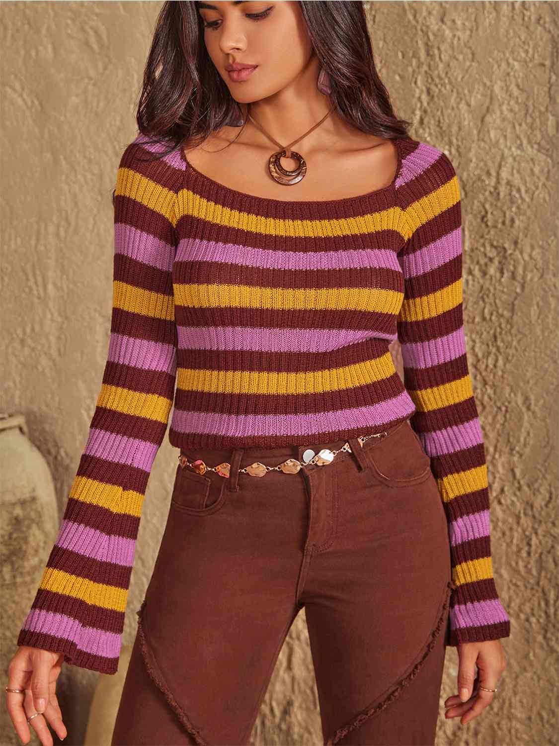 Striped Boat Neck Flare Sleeve Knit Top [Spirit and Rebel]   