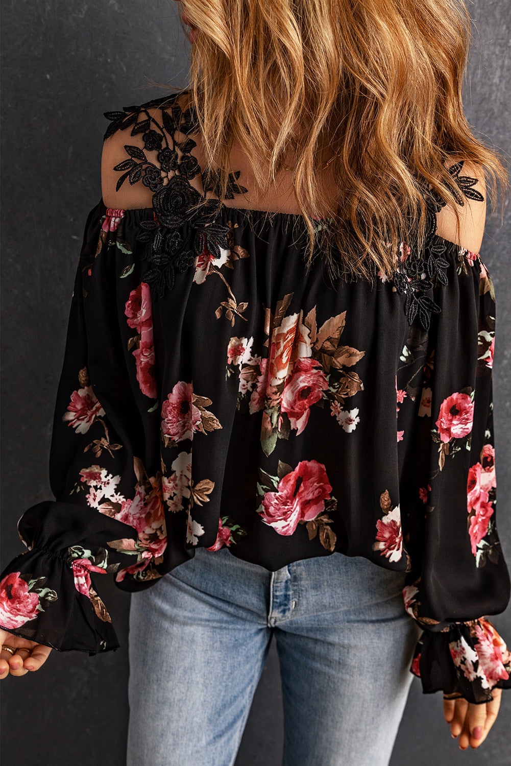 Floral Lace Cold-Shoulder Flounce Sleeve Boho Blouse [Spirit and Rebel]   