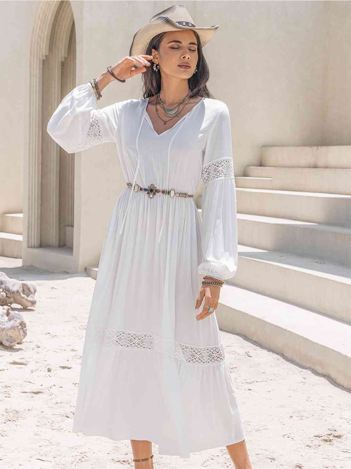 Tie Neck Long Sleeve Midi Tiered Dress [Spirit and Rebel]   