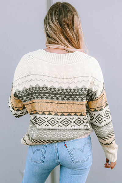 Geometric V-Neck Dropped Shoulder Sweater [Spirit and Rebel]   