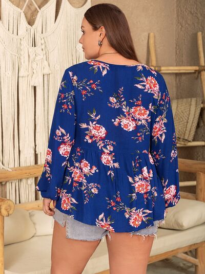 Boho Plus Size Printed Tie Neck Balloon Sleeve Blouse [Spirit and Rebel]   