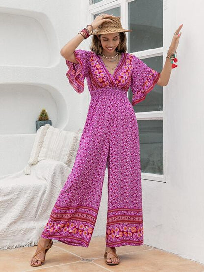 Boho Chic  Floral Surplice Flutter Sleeve Jumpsuit [Spirit and Rebel]   