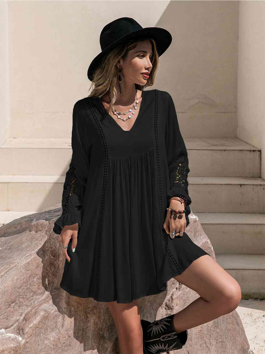 Lace Detail V-Neck Mini Dress [Spirit and Rebel]   