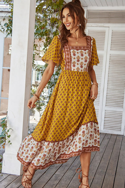 Bohemian Square Neck Flutter Sleeve Maxi Dress [Spirit and Rebel] Yellow S 