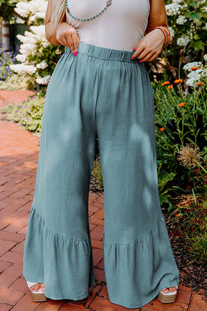 Boho Chic  Plus Size Ruffle Hem Wide Leg Pants [Spirit and Rebel] Turquoise 1XL 