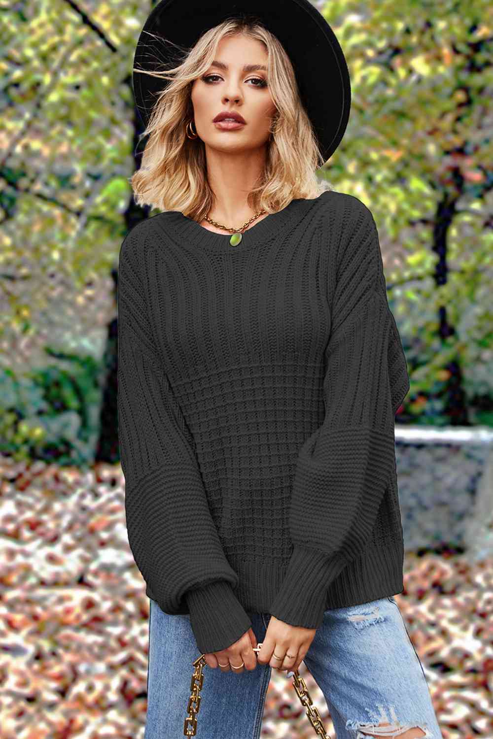 Round Neck Lantern Sleeve Sweater [Spirit and Rebel] Black S 