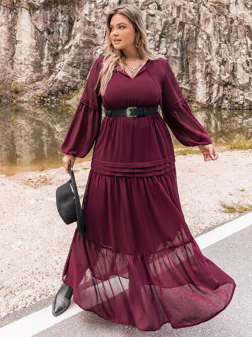 Plus Size Tie Neck Ballon Sleeve Tiered Dress [Spirit and Rebel]   