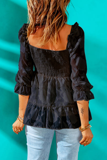 Boho Chic Style Applique Flounce Sleeve Smocked Peplum Top [Spirit and Rebel]   