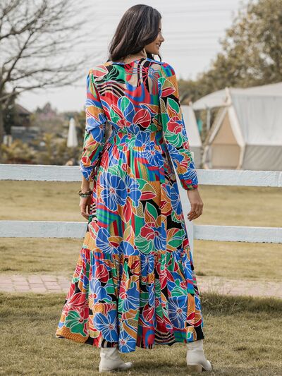 Printed Smocked Tie Neck Balloon Sleeve Maxi Dress [Spirit and Rebel]   