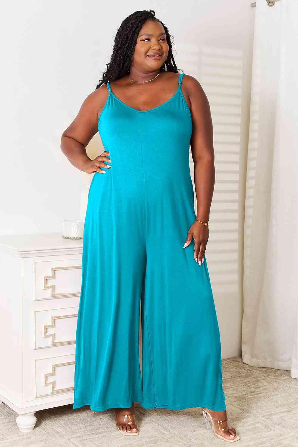 Double Take Full Size Soft Rayon Spaghetti Strap Tied Wide Leg Jumpsuit [Spirit and Rebel]   