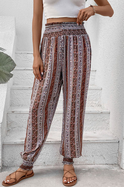 Smocked Printed High Waist Pants [Spirit and Rebel] Multicolor S 