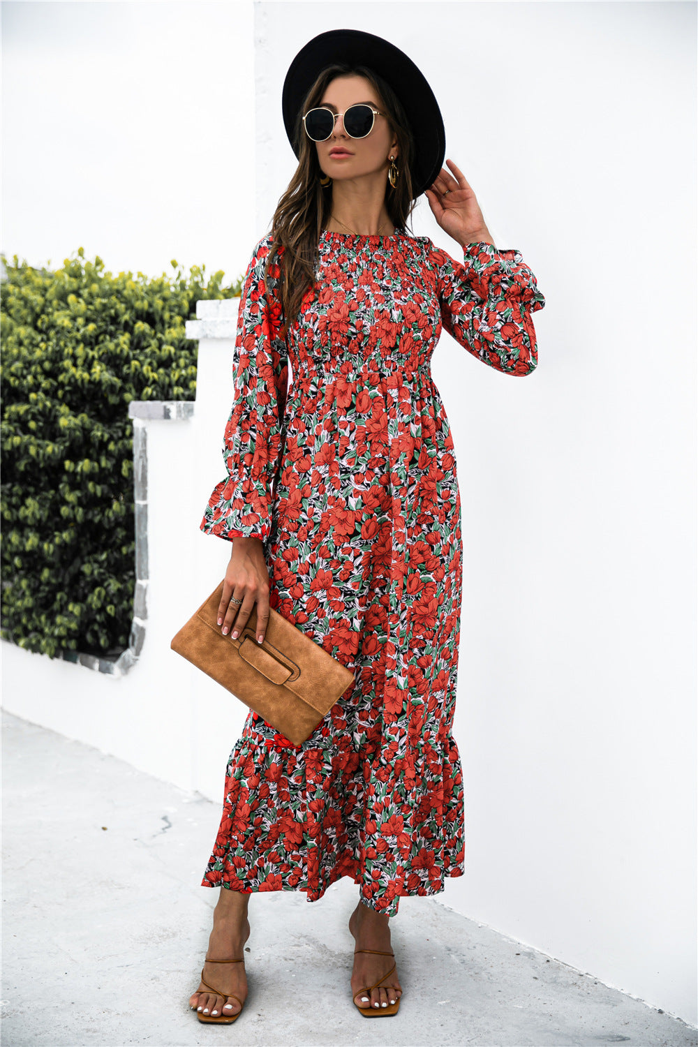 Printed Puff Sleeve Ruffle Boho Maxi Dress [Spirit and Rebel] Red Floral S 