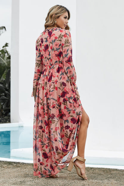 Floral Frill Trim Flounce Sleeve Plunge Boho Maxi Dress [Spirit and Rebel]   