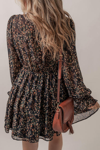 Printed Buttoned V-Neck Flounce Sleeve Dress [Spirit and Rebel]   