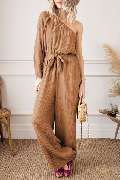 Texture Single Shoulder Tie-Waist Jumpsuit [Spirit and Rebel]   