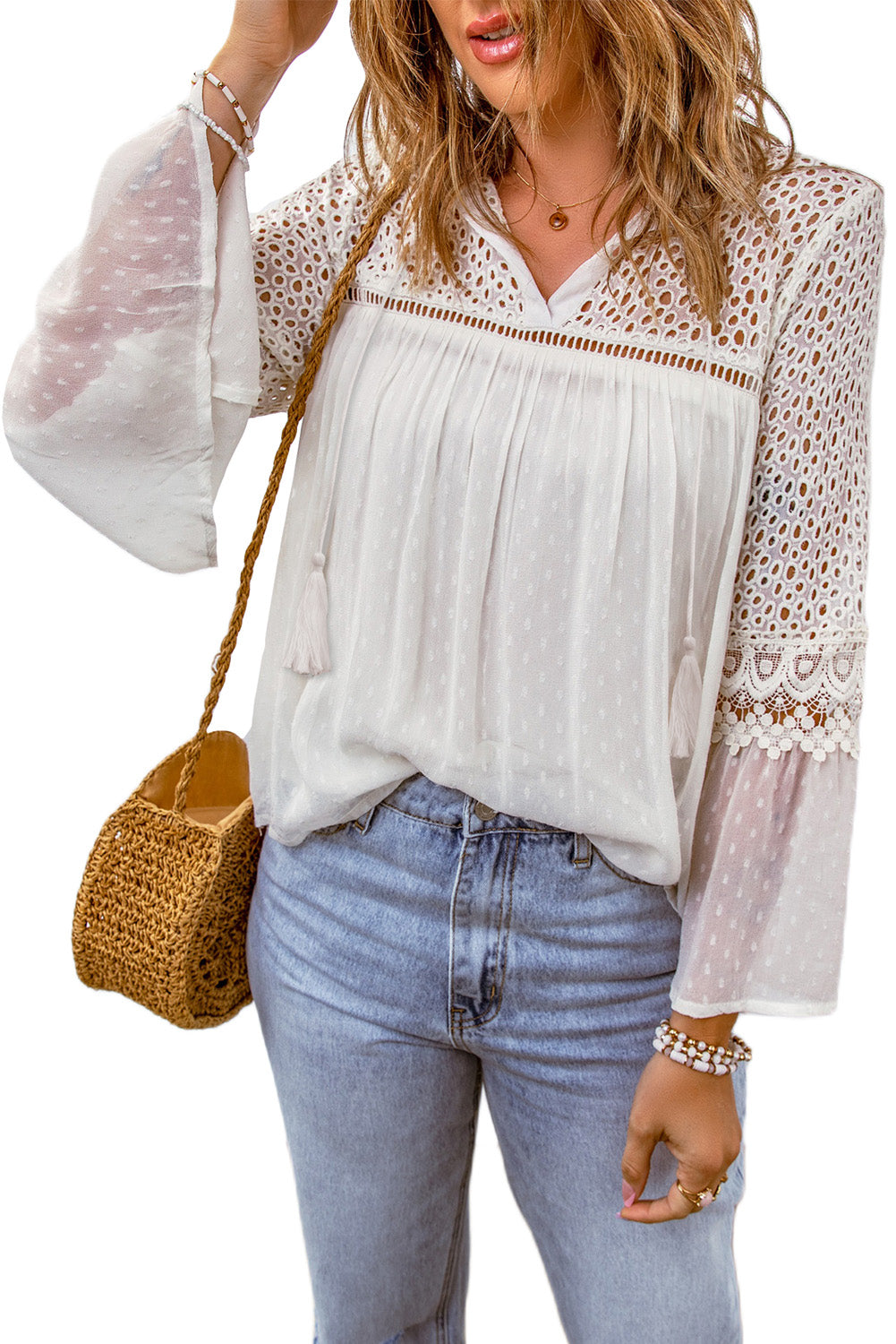 Eyelet Tassel Tie Flare Sleeve Boho Blouse [Spirit and Rebel]   