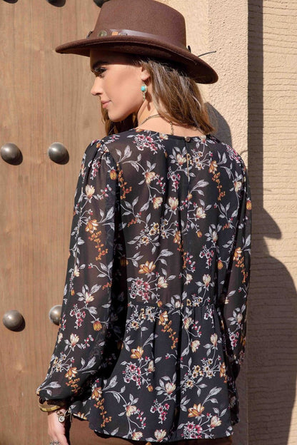 Printed Round Neck Long Sleeve Boho Chic Blouse [Spirit and Rebel]   