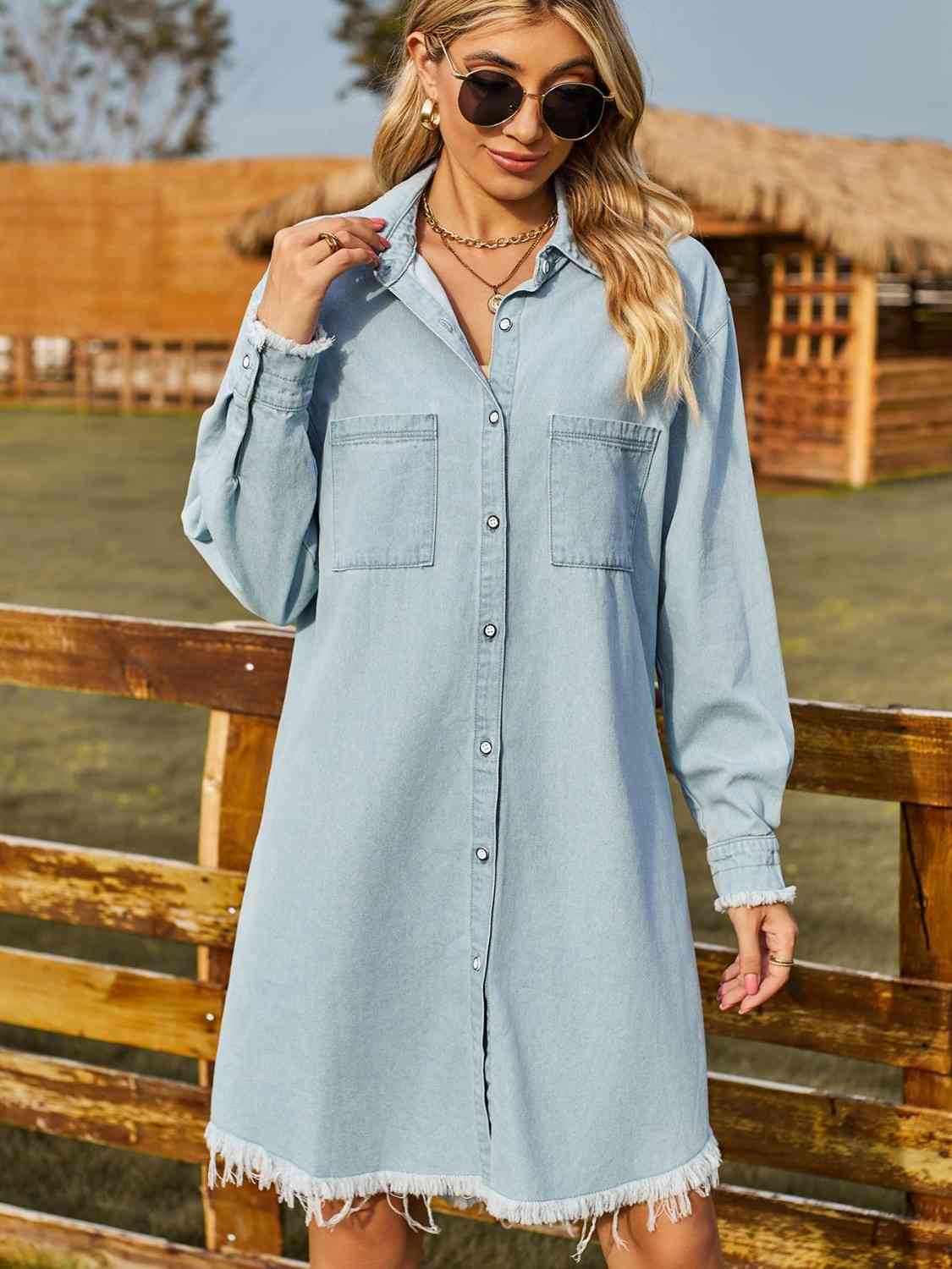 Button Up Collared Neck Raw Hem Denim Dress [Spirit and Rebel]   