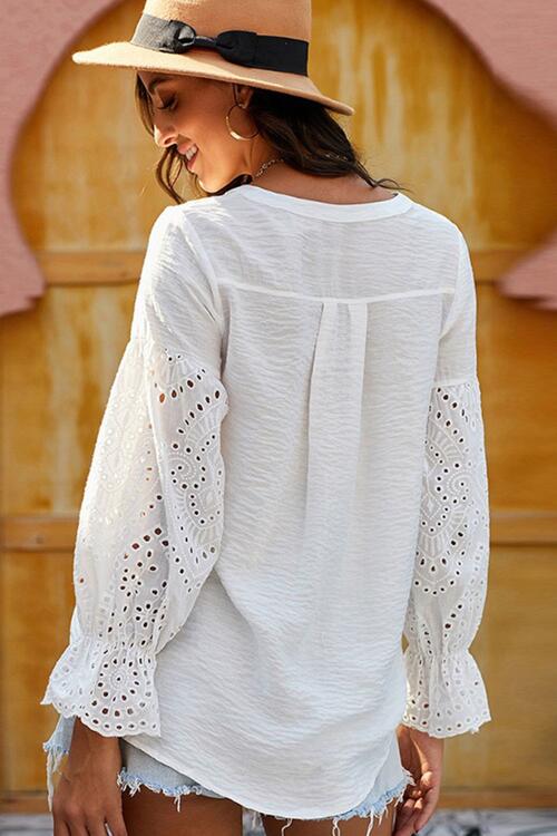 Boho Chic  Crochet Flounce Sleeve Button Up Blouse [Spirit and Rebel]   