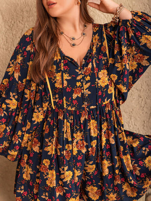 Plus Size Floral Tie Neck Balloon Sleeve Romper [Spirit and Rebel]   