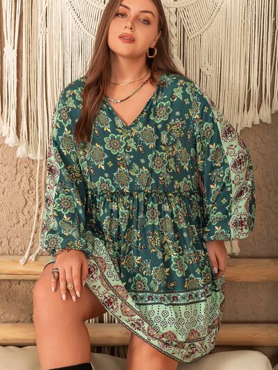 Boho Plus Size V-Neck Balloon Sleeve Printed Mini Dress [Spirit and Rebel]   