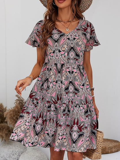 Printed V-Neck Tiered Dress [Spirit and Rebel] Carnation Pink S 