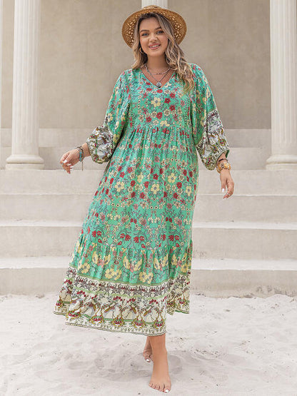 Plus Size Floral V-Neck Balloon Sleeve Midi Dress [Spirit and Rebel] Mid Green 0XL 